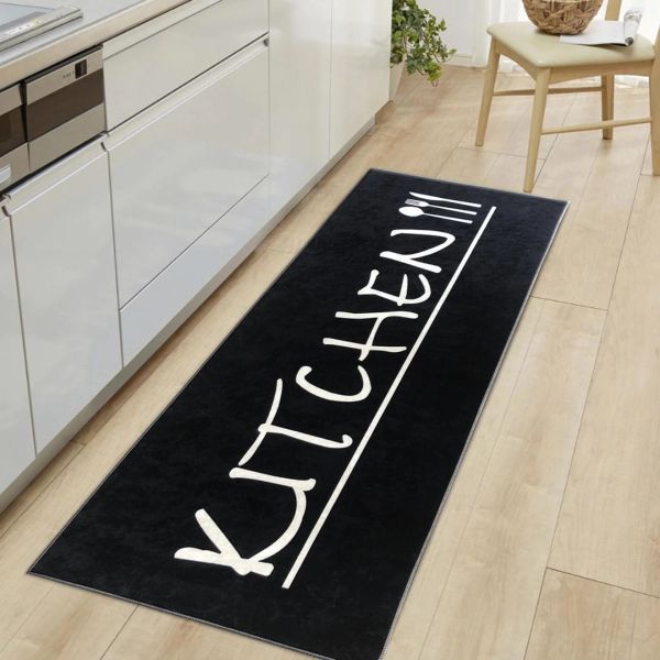 Kaymaz Taban Leke Tutmaz Yıkanabilir Kitchen Siyah Fame Mutfak Halısı
