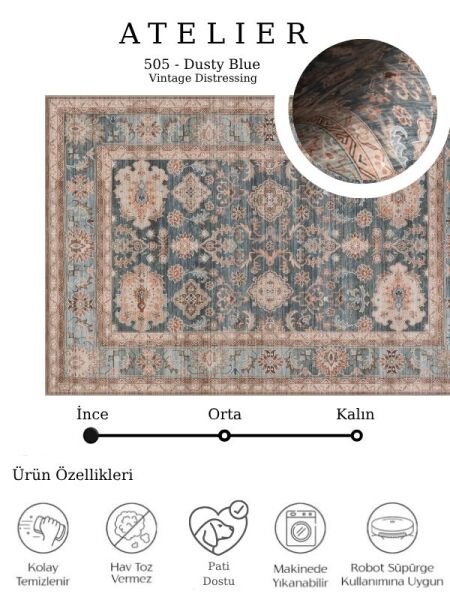 Atelier 505 Dusty Blue  Eskitme Vintage Antre Hol Halısı Etnik Dokuma Otantik Özel Ölçü Yolluk
