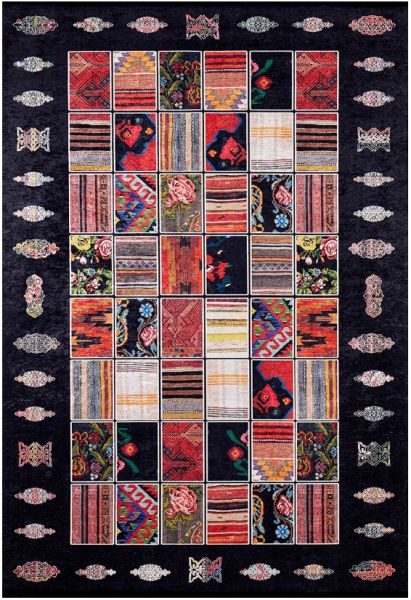 Halımax Dara 034 Yıkanabilir Kaymaz Dokuma Tabanlı Siyah Patchwork Desenli Modern Halı 80x200