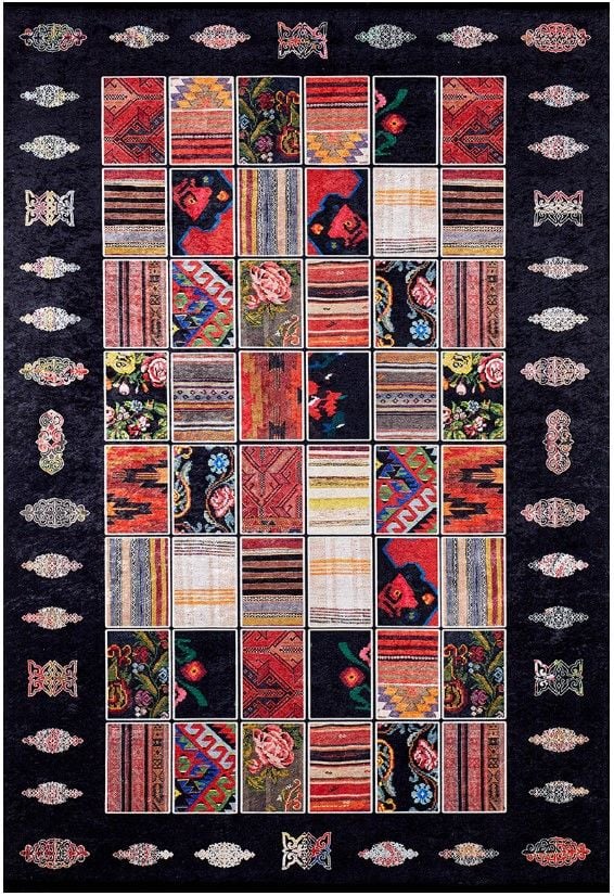 Halımax Dara 034 Yıkanabilir Kaymaz Dokuma Tabanlı Siyah Patchwork Desenli Modern Halı 80x300