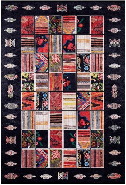Halımax Dara 034 Yıkanabilir Kaymaz Dokuma Tabanlı Siyah Patchwork Desenli Modern Halı 80x400