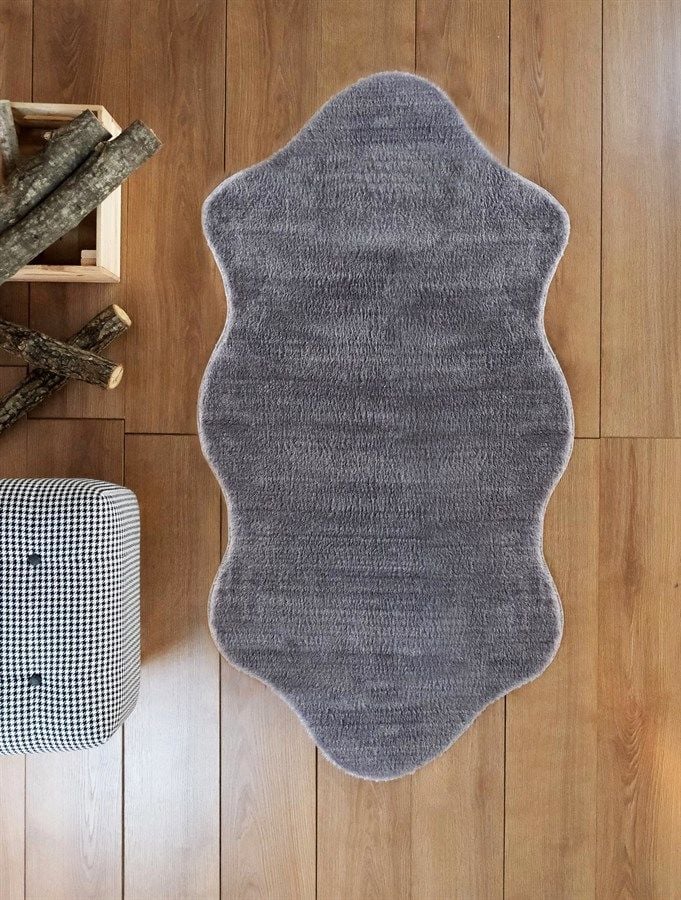 Halımax Tavşan Tüyü Kaymaz Tabanlı Gri Post Peluş Halı Yumuşak, Kaymaz, Şık Dekoratif Peluş Halı Antre Yatak Odası Çocuk Odası Halısı