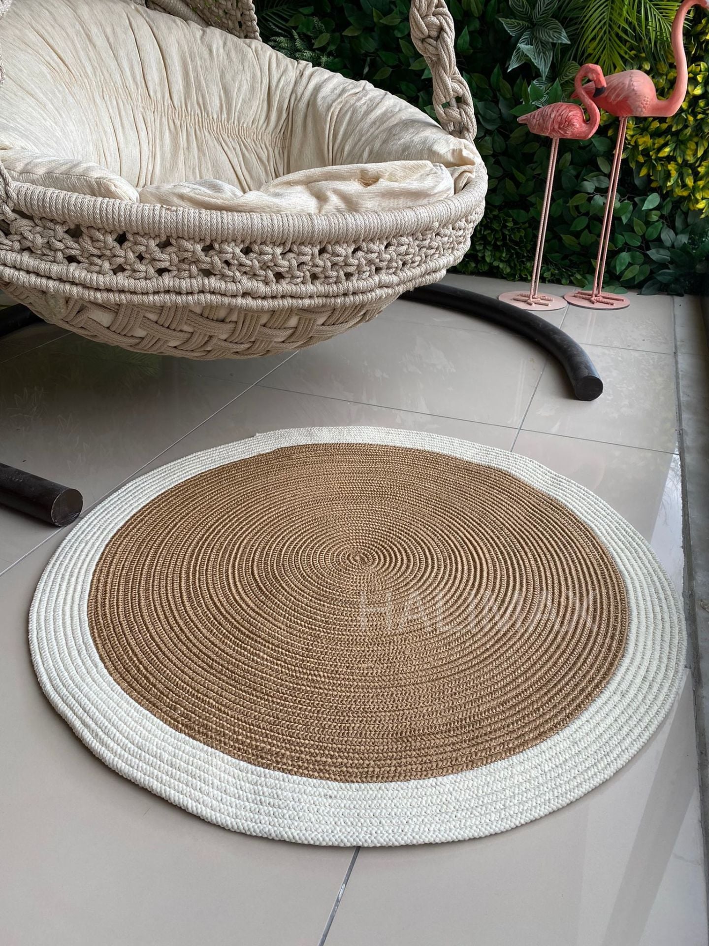 Milda 69 Jüt Hasırlı El Örgüsü Çift Taraflı Kilim Yuvarlak Beyaz Bordürlü Jüt Halı 90x90