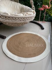 Milda 69 Jüt Hasırlı El Örgüsü Çift Taraflı Kilim Yuvarlak Beyaz Bordürlü Jüt Halı 90x90