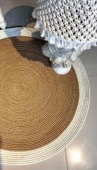 Milda 69 Jüt Hasırlı El Örgüsü Çift Taraflı Kilim Yuvarlak Beyaz Bordürlü Jüt Halı 120x120