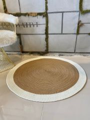 Milda 69 Jüt Hasırlı El Örgüsü Çift Taraflı Kilim Yuvarlak Beyaz Bordürlü Jüt Halı 120x120