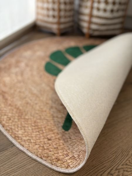 Yuvarlak Hasır Jüt Görünümlü Yaprak Desenli Kaymaz Taban Yıkanabilir Kilim