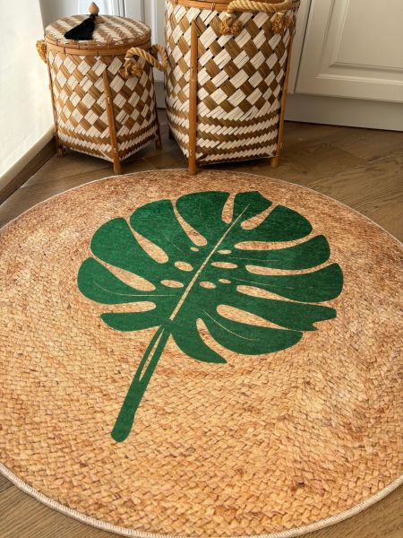 Yuvarlak Hasır Jüt Görünümlü Yaprak Desenli Kaymaz Taban Yıkanabilir Kilim