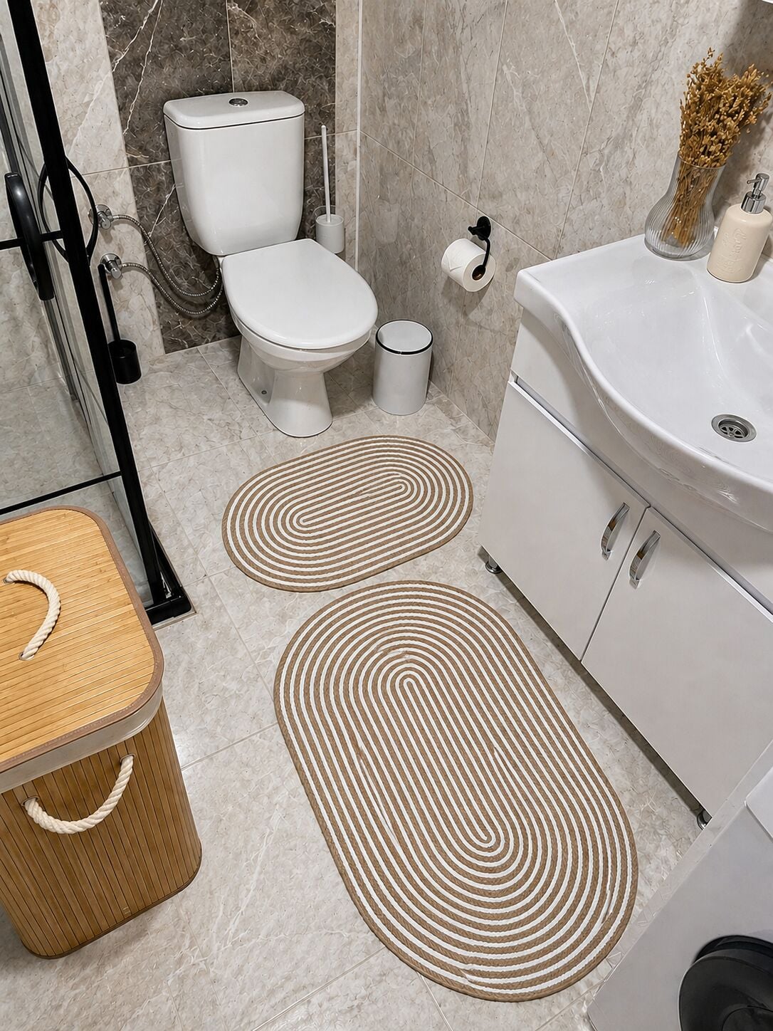 Milda Jüt 2'li Çift Taraflı İkili Yıkanabilir Hav Toz Vermez Kahverengi Krem Banyo Paspas Takımı 40x60cm & 50x80cm