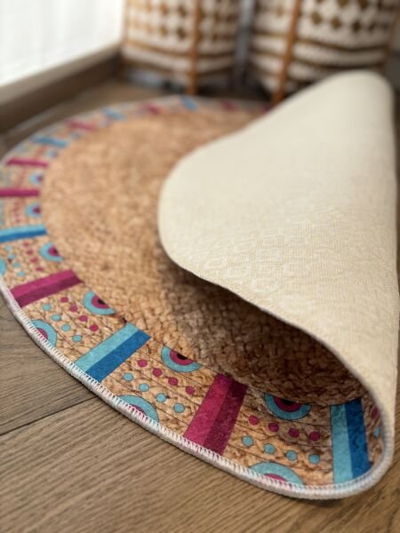 Yuvarlak Hasır Jüt Görünümlü Renkli Kaymaz Taban Yıkanabilir Kilim