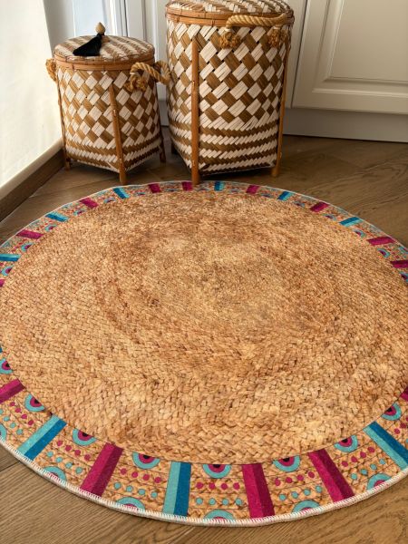 Yuvarlak Hasır Jüt Görünümlü Renkli Kaymaz Taban Yıkanabilir Kilim