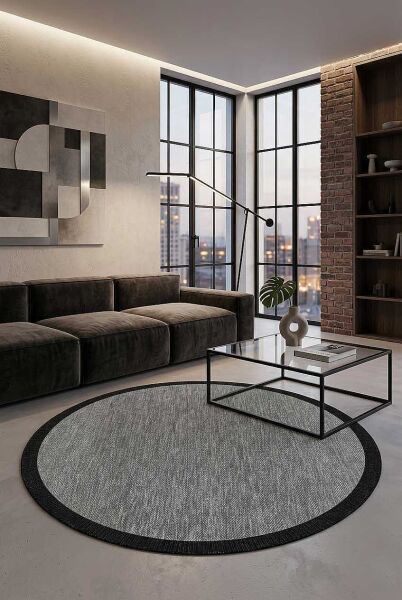 Agra Ar01 Sisal Hav Toz Vermez Kolay Silinebilir Yuvarlak Sisal Halı Antre Balkon Mutfak Silinebilir Sisal Kilim Siyah Çerçeveli Gri Sisal Halı