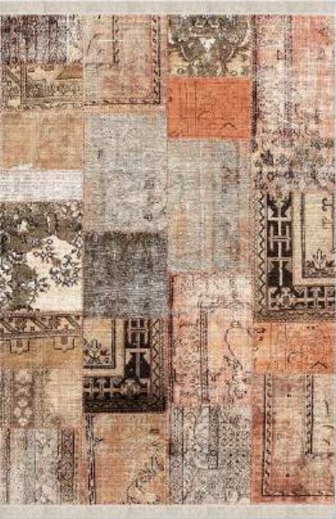 Halımax Dara 101 Yıkanabilir Kaymaz Dokuma Tabanlı Patchwork Bej Modern Halı 80x300