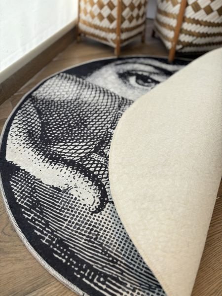 Yuvarlak Hasır Jüt Görünümlü Göz Figürlü Kaymaz Taban Yıkanabilir Kilim
