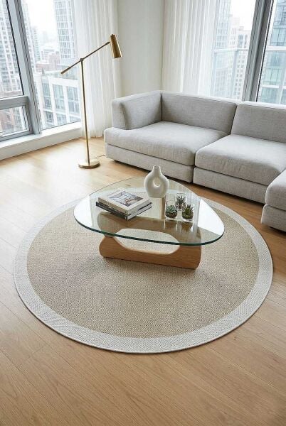 Agra Ar02 Sisal Hav Toz Vermez Kolay Silinebilir Yuvarlak Sisal Halı Antre Balkon Mutfak Silinebilir Sisal Kilim Vizon Çerçeveli Bej Sisal Halı