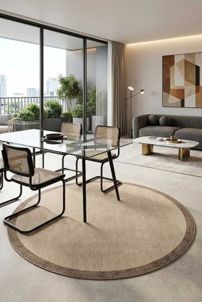 Agra Ar02 Sisal Hav Toz Vermez Kolay Silinebilir Yuvarlak Sisal Halı Antre Balkon Mutfak Silinebilir Sisal Kilim Vizon Çerçeveli Bej Sisal Halı