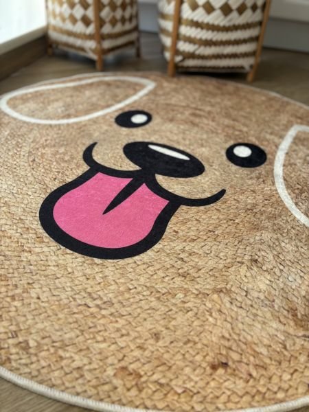 Yuvarlak Hasır Jüt Görünümlü Sevimli Yavru Köpek Kaymaz Taban Yıkanabilir Kilim