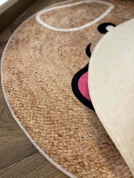 Yuvarlak Hasır Jüt Görünümlü Sevimli Yavru Köpek Kaymaz Taban Yıkanabilir Kilim