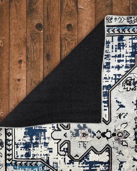 Drom Pamuk Dokuma Taban Makinede Yıkanabilen Kilim Kaymaz Şönil Mavi Retro Vintage Halı