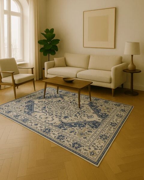 Drom Pamuk Dokuma Taban Makinede Yıkanabilen Kilim Kaymaz Şönil Mavi Retro Vintage Halı