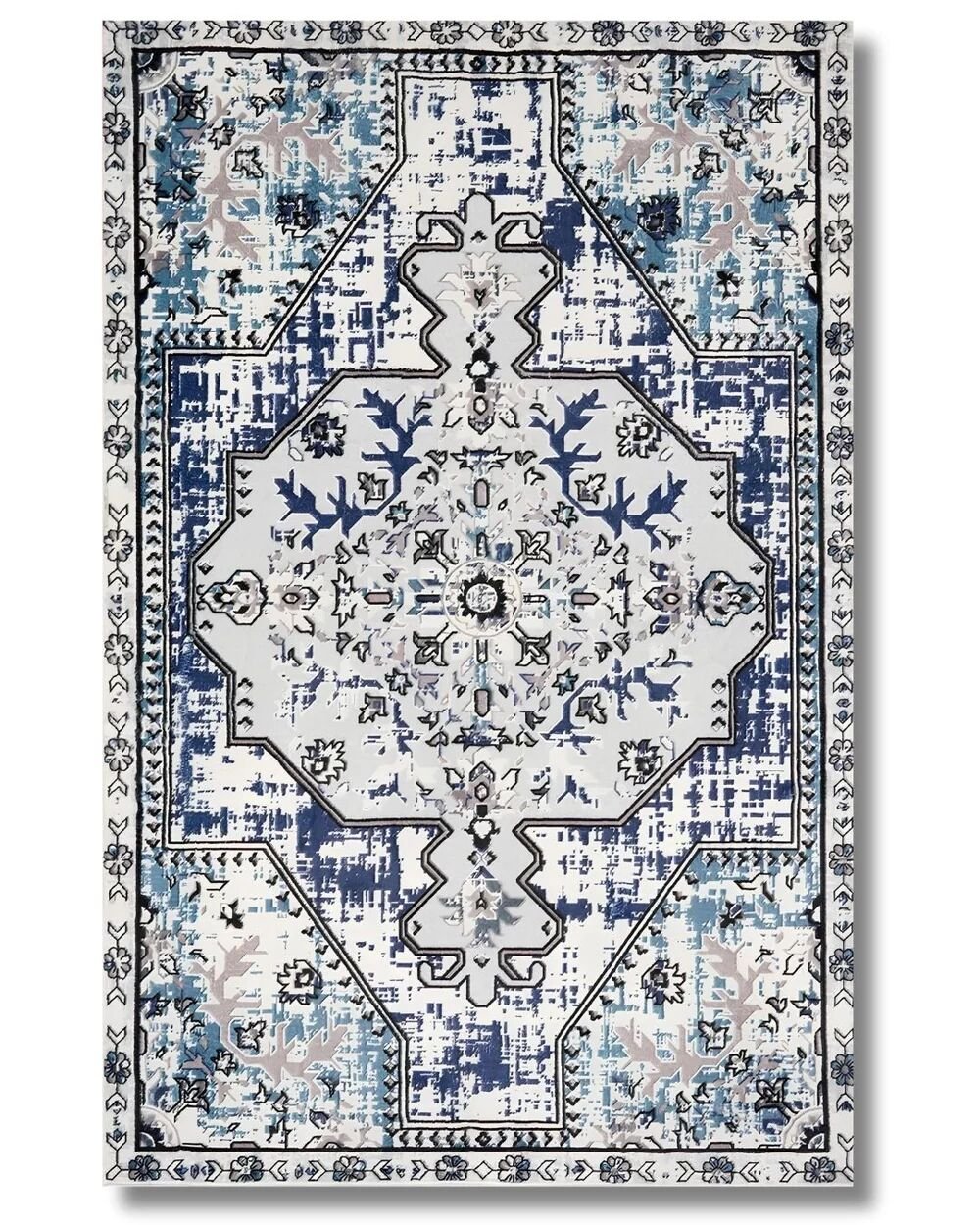 Drom Pamuk Dokuma Taban Makinede Yıkanabilen Kilim Kaymaz Şönil Mavi Retro Vintage Halı