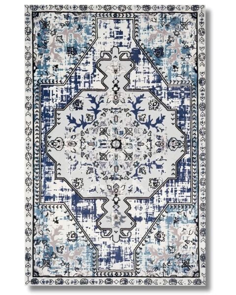 Drom Pamuk Dokuma Taban Makinede Yıkanabilen Kilim Kaymaz Şönil Mavi Retro Vintage Halı