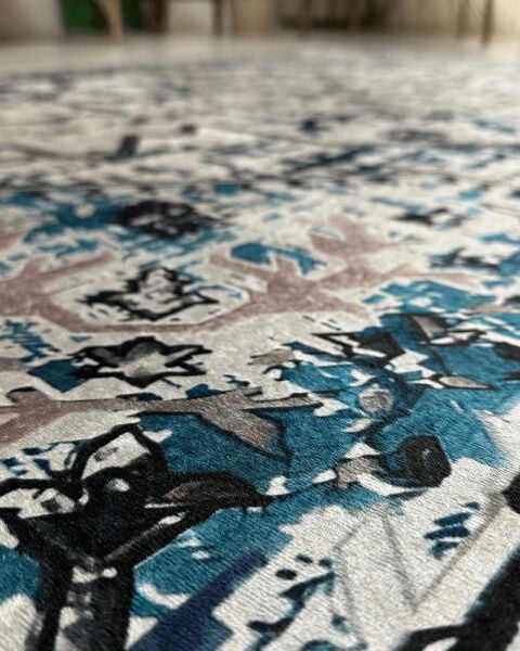 Drom Pamuk Dokuma Taban Makinede Yıkanabilen Kilim Kaymaz Şönil Mavi Retro Vintage Halı