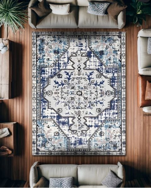 Drom Pamuk Dokuma Taban Makinede Yıkanabilen Kilim Kaymaz Şönil Mavi Retro Vintage Halı