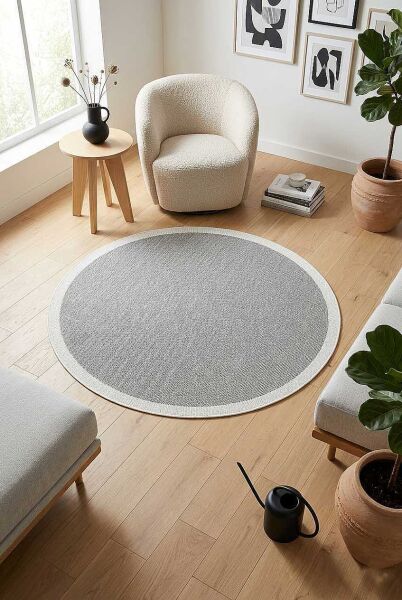 Agra Ar05 Sisal Hav Toz Vermez Kolay Silinebilir Yuvarlak Sisal Halı Antre Balkon Mutfak Silinebilir Sisal Kilim  Beyaz Çerçeveli Gri Sisal Halı