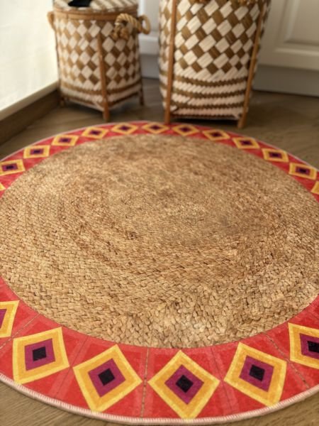 Yuvarlak Hasır Jüt Görünümlü Mandala Kaymaz Taban Yıkanabilir Kilim