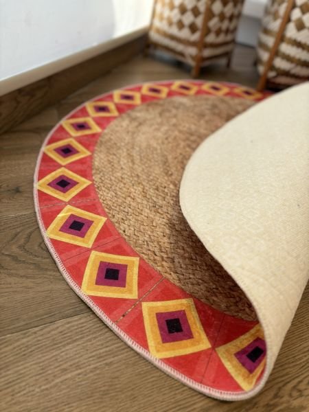 Yuvarlak Hasır Jüt Görünümlü Mandala Kaymaz Taban Yıkanabilir Kilim