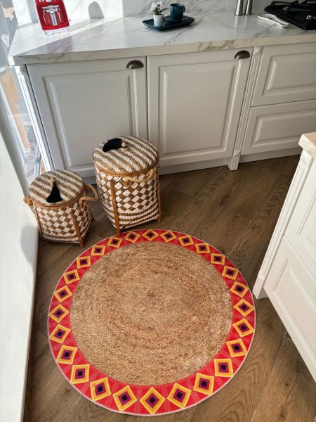 Yuvarlak Hasır Jüt Görünümlü Mandala Kaymaz Taban Yıkanabilir Kilim