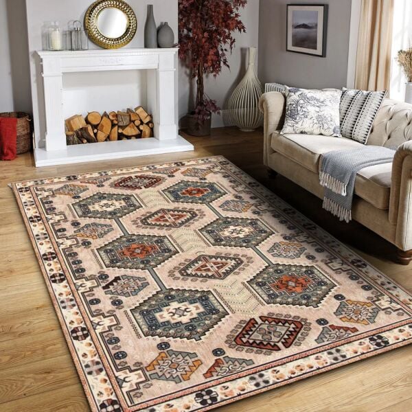 Drom Pamuk Dokuma Taban Makinede Yıkanabilen Vintage Kilim Kaymaz Şönil Retro Bohem Halı