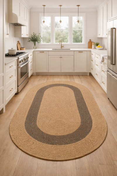 Salda JUT08 Hasır Çift Taraflı Yıkanabilir Jüt Kilim Mutfak Banyo Koridor Halısı Oval Jüt Halı