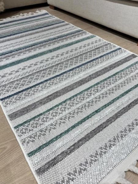 Reform Halı 4802 Meridyen Gri Mavi Bukle Kabartmalı Örgü Saçaklı Modern Salon Halısı Koridor Hol Halı Yolluk