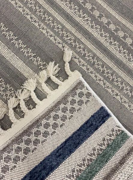 Reform Halı 4802 Meridyen Gri Mavi Bukle Kabartmalı Örgü Saçaklı Modern Salon Halısı Koridor Hol Halı Yolluk