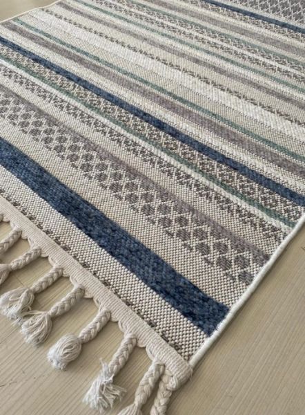 Reform Halı 4802 Meridyen Gri Mavi Bukle Kabartmalı Örgü Saçaklı Modern Salon Halısı Koridor Hol Halı Yolluk