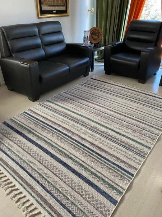 Reform Halı 4802 Meridyen Gri Mavi Bukle Kabartmalı Örgü Saçaklı Modern Salon Halısı Koridor Hol Halı Yolluk