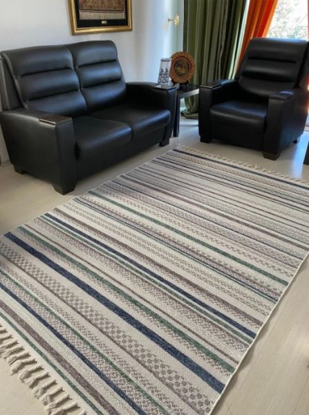 Reform Halı 4802 Meridyen Gri Mavi Bukle Kabartmalı Örgü Saçaklı Modern Salon Halısı Koridor Hol Halı Yolluk