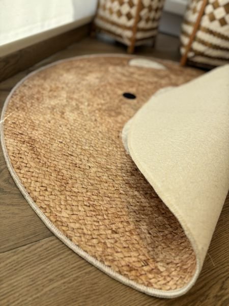Yuvarlak Hasır Jüt Görünümlü Sevimli Ayı Kaymaz Taban Yıkanabilir Kilim