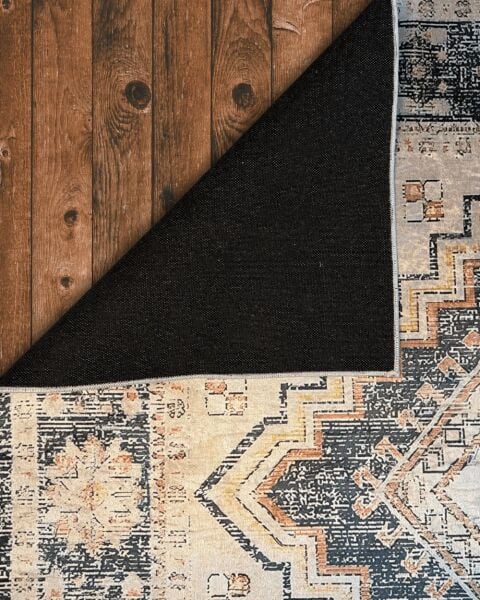 Drom Pamuk Dokuma Taban Makinede Yıkanabilen Modern Kilim Kaymaz Mavi Krem Retro Vintage Halı