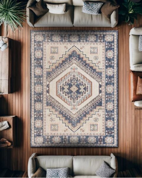 Drom Pamuk Dokuma Taban Makinede Yıkanabilen Modern Kilim Kaymaz Mavi Krem Retro Vintage Halı