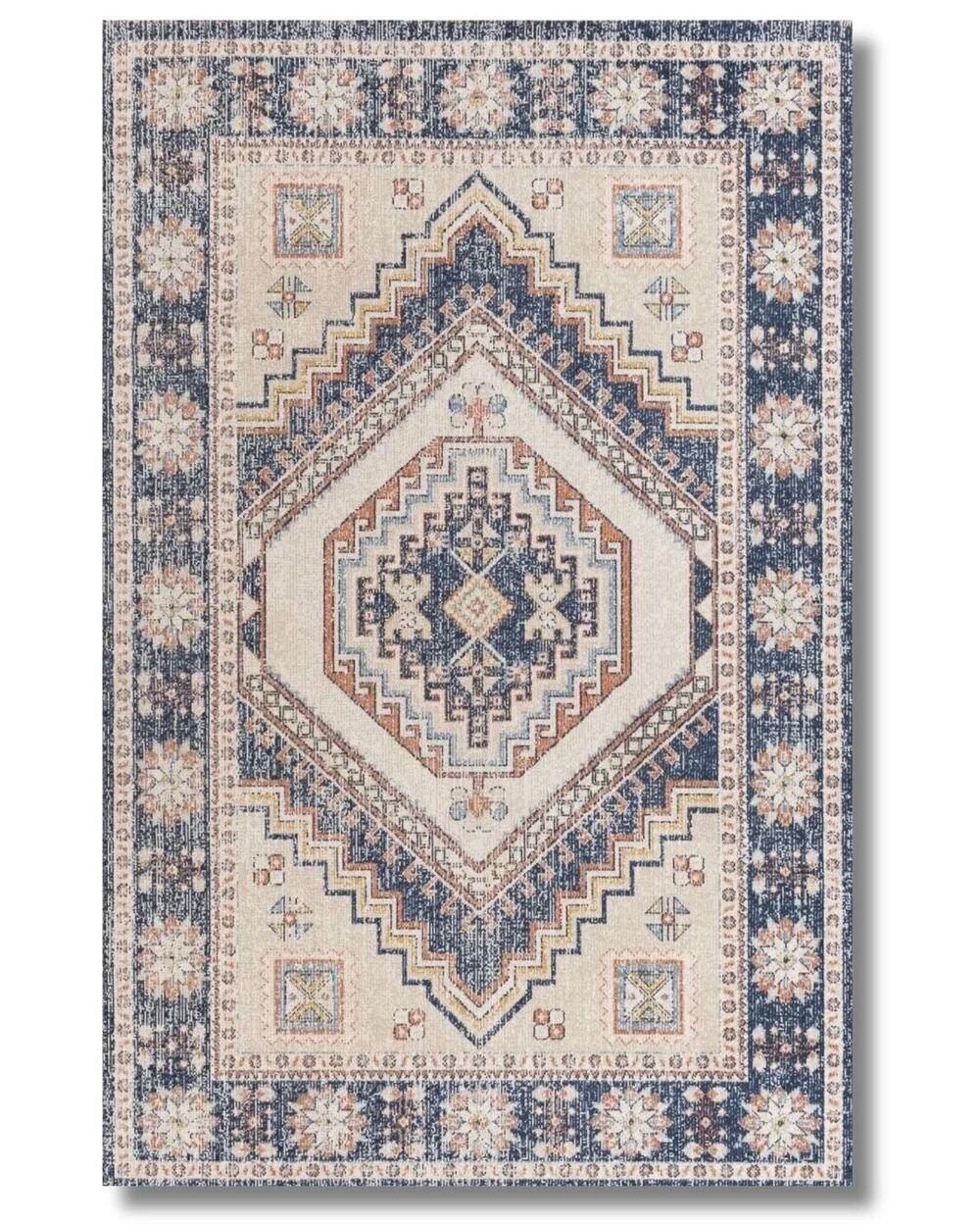 Drom Pamuk Dokuma Taban Makinede Yıkanabilen Modern Kilim Kaymaz Mavi Krem Retro Vintage Halı
