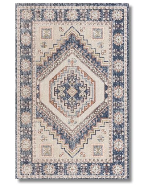 Drom Pamuk Dokuma Taban Makinede Yıkanabilen Modern Kilim Kaymaz Mavi Krem Retro Vintage Halı