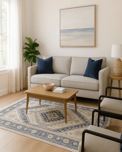 Drom Pamuk Dokuma Taban Makinede Yıkanabilen Modern Kilim Kaymaz Mavi Krem Retro Vintage Halı