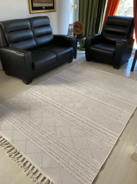 Reform Halı 4804 Meridyen Beyaz Bukle Kabartmalı Örgü Saçaklı Modern Salon Halısı Koridor Hol Halı Yolluk