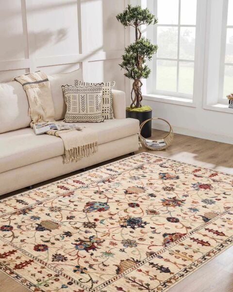 Drom Pamuk Dokuma Taban Makinede Yıkanabilen Kilim Kaymaz Şönil  Vintage Halı Krem Bej Otantik Bohem Retro Halı