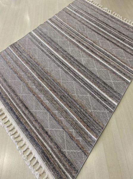 Reform Halı 4805 Meridyen Gri Kahve Bukle Kabartmalı Örgü Saçaklı Modern Salon Halısı Koridor Hol Halı Yolluk