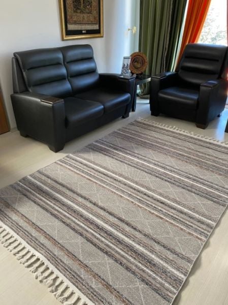 Reform Halı 4805 Meridyen Gri Kahve Bukle Kabartmalı Örgü Saçaklı Modern Salon Halısı Koridor Hol Halı Yolluk