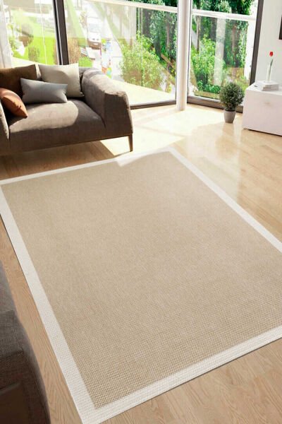 Agra Ar04 Sisal Hav Toz Vermez Kolay Silinebilir Dikdörtgen Sisal Halı Antre Balkon Mutfak Silinebilir Sisal Kilim Beyaz Çerçeveli Bej Sisal Halı